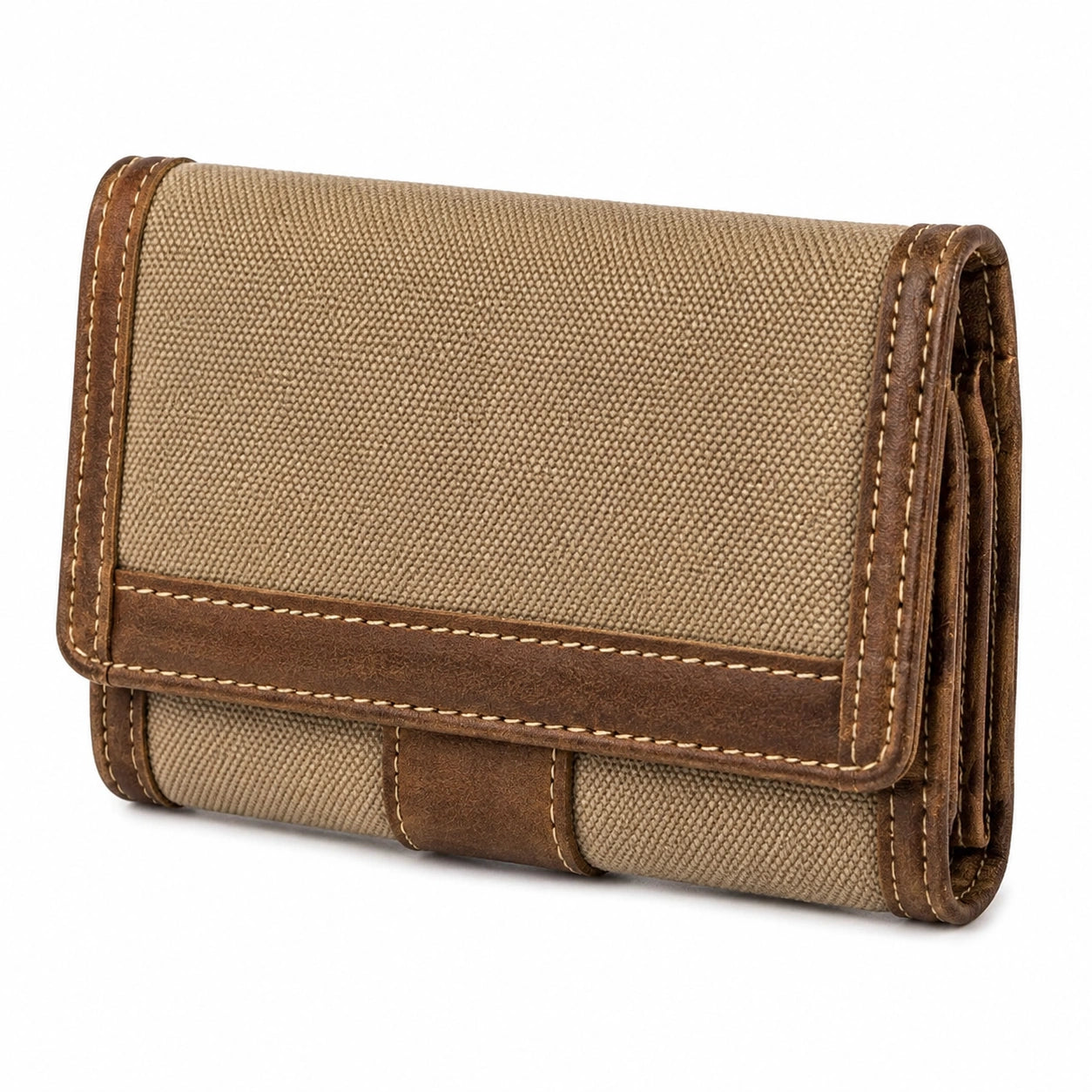 Portefeuille 19 cm en tissu beige et brun à rabat style vintage