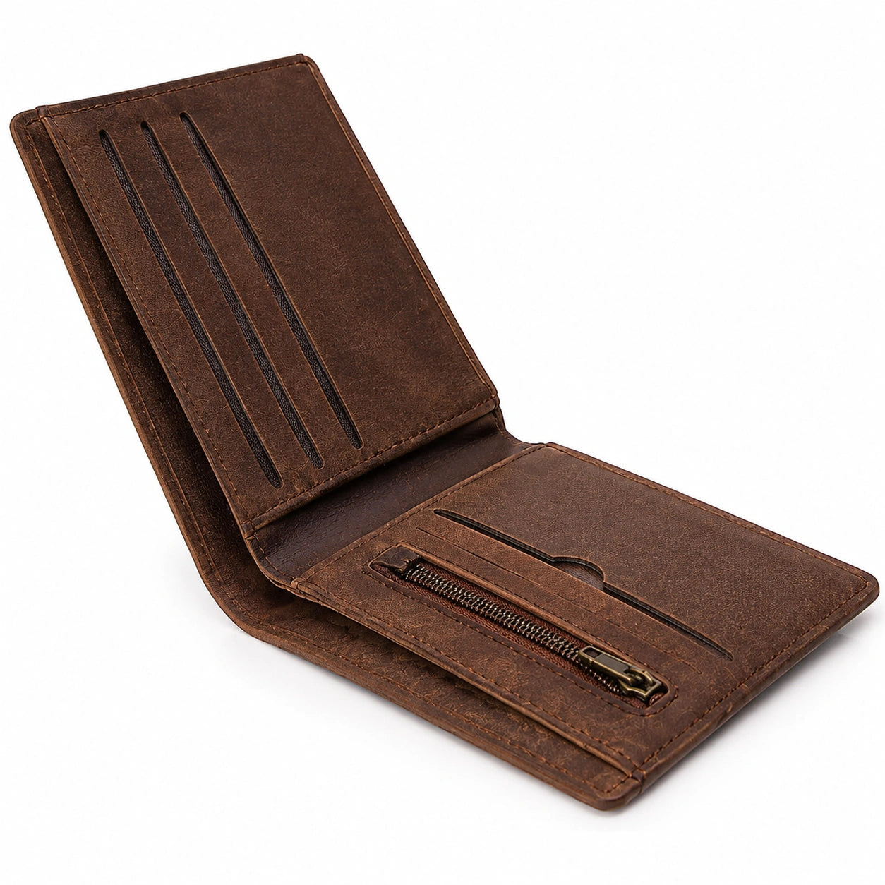 Portefeuille pliant 12 cm en matière synthétique marron avec porte-cartes et poche zippée