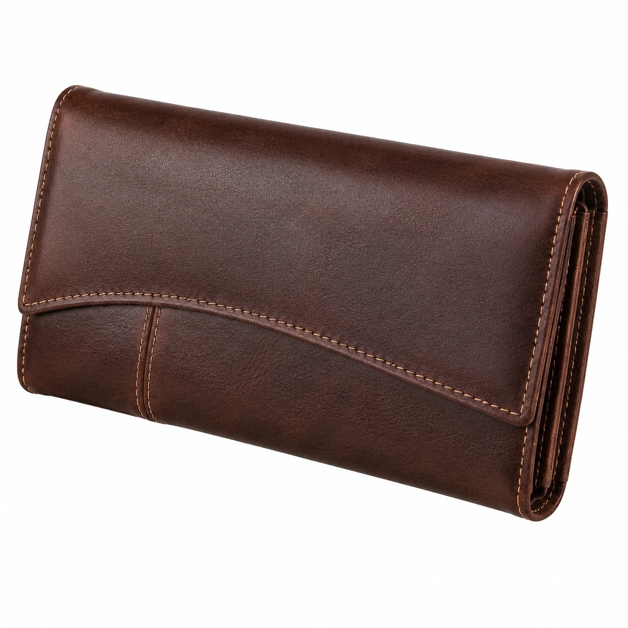 Portefeuille long 19 x 10 x 3 cm en similicuir marron à rabat