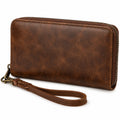 Portefeuille zippé 20 cm en similicuir marron avec dragonne