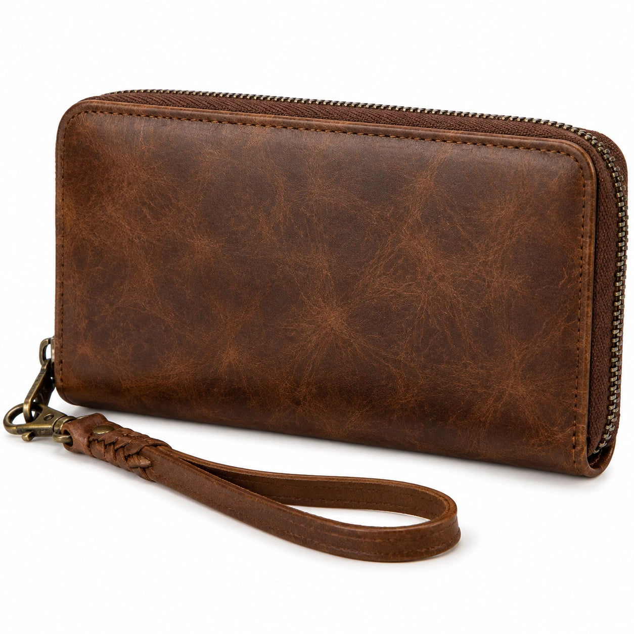 Portefeuille zippé 20 cm en similicuir marron avec dragonne