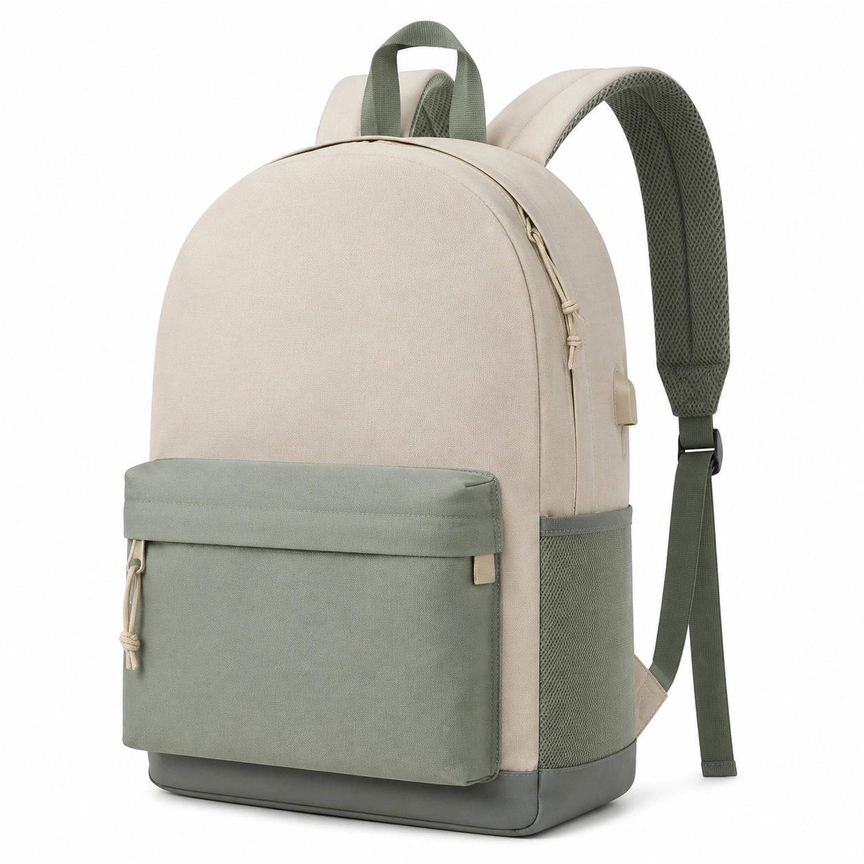 Sac à dos 30 x 17 x 42 cm en tissu beige et vert avec poches pour usage quotidien