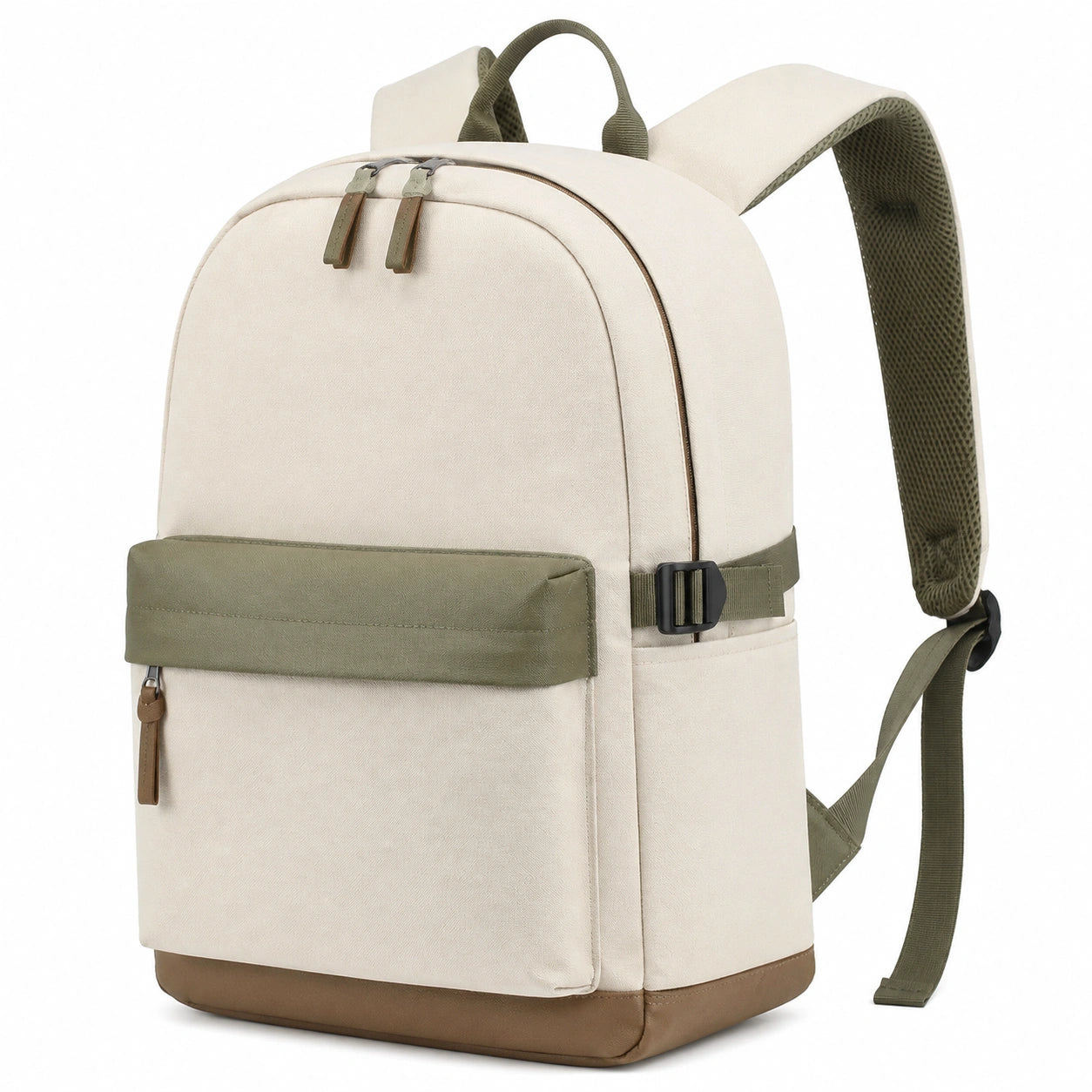 Sac à dos 30 x 15 x 43 cm en tissu beige et vert kaki avec poches style urbain