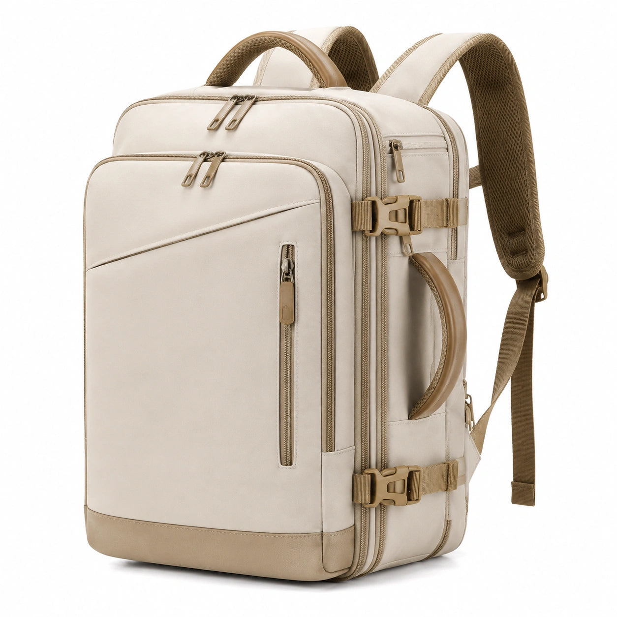 Sac à dos 32 x 18 x 46 cm en tissu synthétique beige avec compartiments zippés et poignées de transport