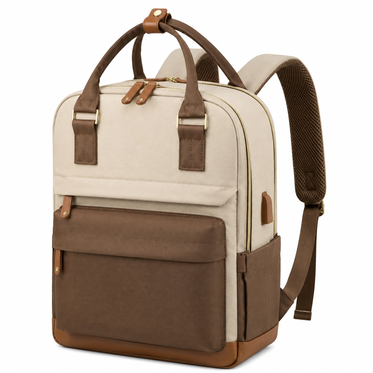Sac à dos 30 x 15 x 40 cm en textile beige et marron avec compartiments et poignées