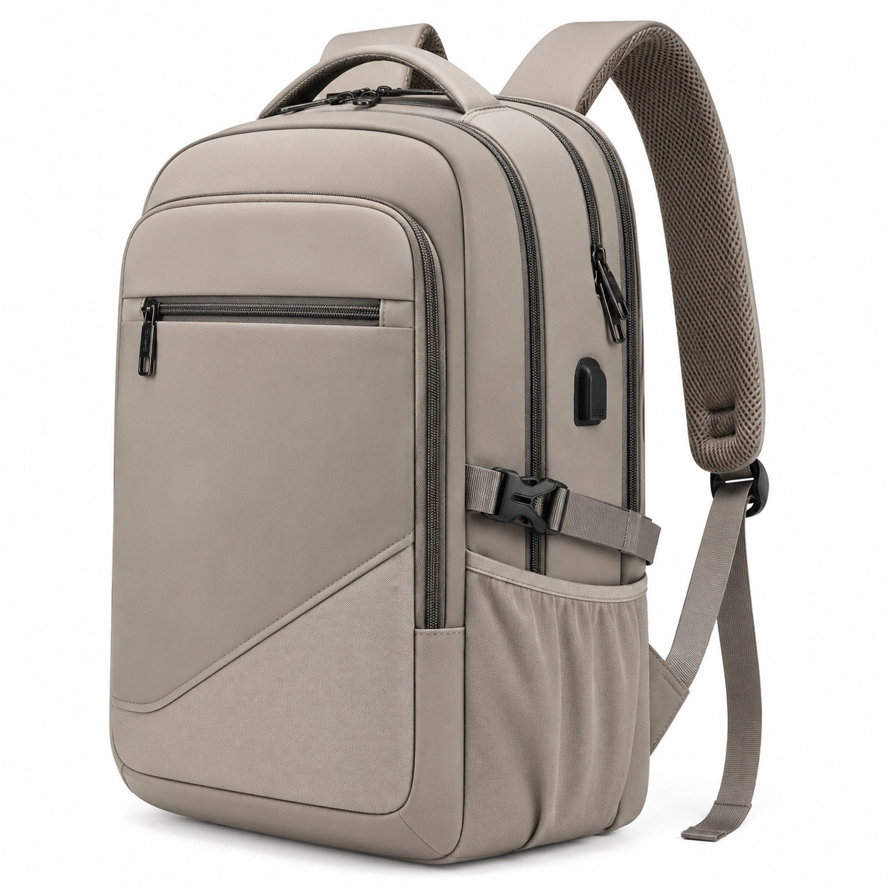 Sac à dos 32 x 16 x 46 cm en polyester taupe pour ordinateur avec port USB et bretelles rembourrées