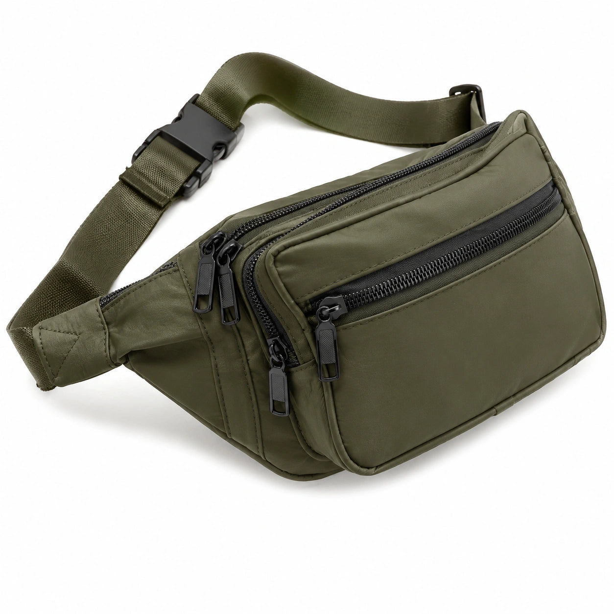 Sac banane 30 x 15 x 8 cm en tissu synthétique vert kaki à poches zippées pour usage quotidien