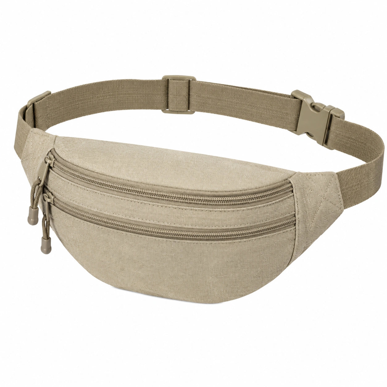 Sac banane taille réglable en tissu beige à trois poches zippées