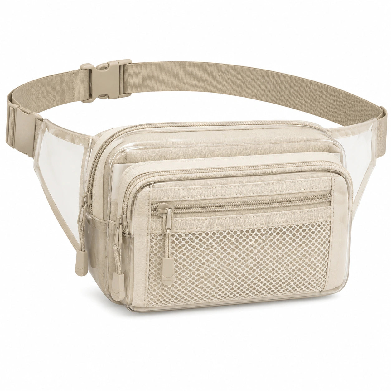 Sac banane 24 x 6 x 15 cm transparent beige en PVC et textile à poches zippées
