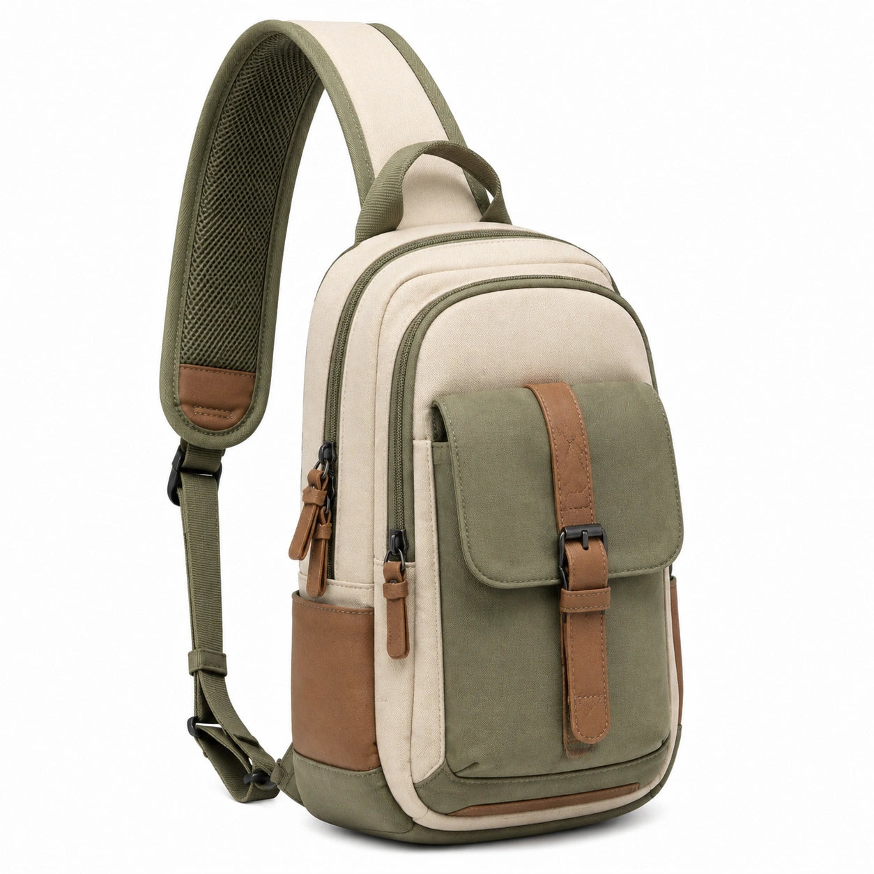 Sac à dos bandoulière 20 x 12 x 33 cm en tissu kaki beige marron avec poches zippées