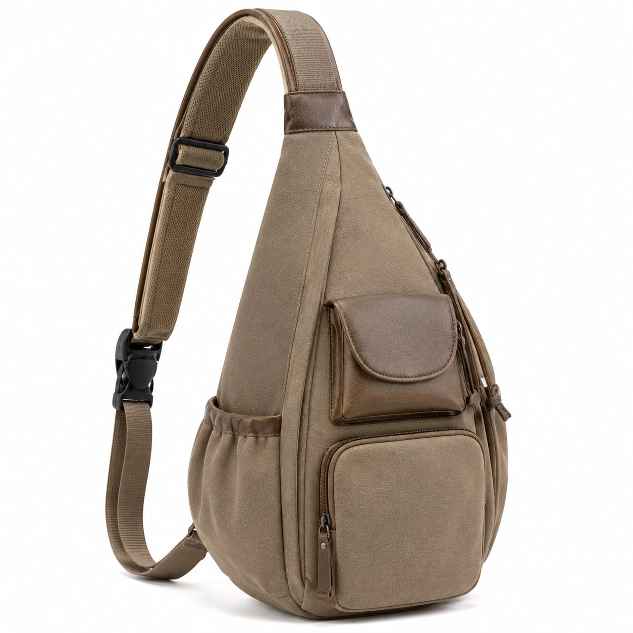 Sac à dos bandoulière 35 cm en similicuir taupe à poches multiples