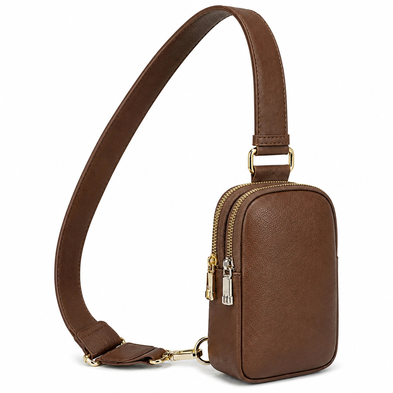 Sac bandoulière 12 x 6 x 20 cm en similicuir marron à double compartiment zippé