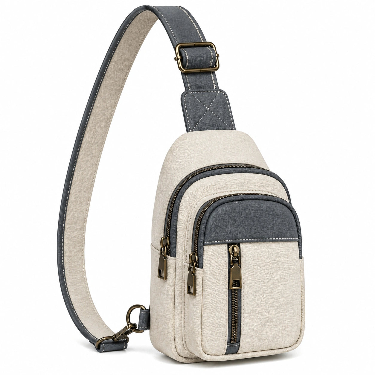 Sac bandoulière 18 x 10 x 30 cm en similicuir beige et gris avec poches zippées