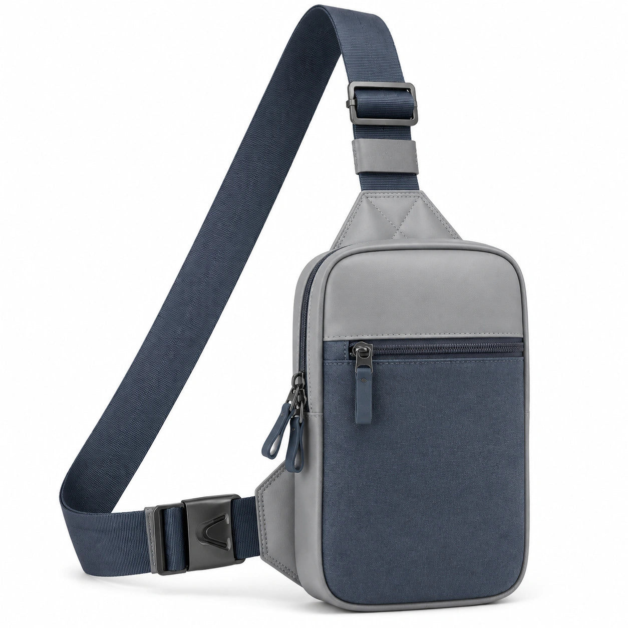 Sac bandoulière 18 x 8 x 30 cm en similicuir et textile gris bleu réglable