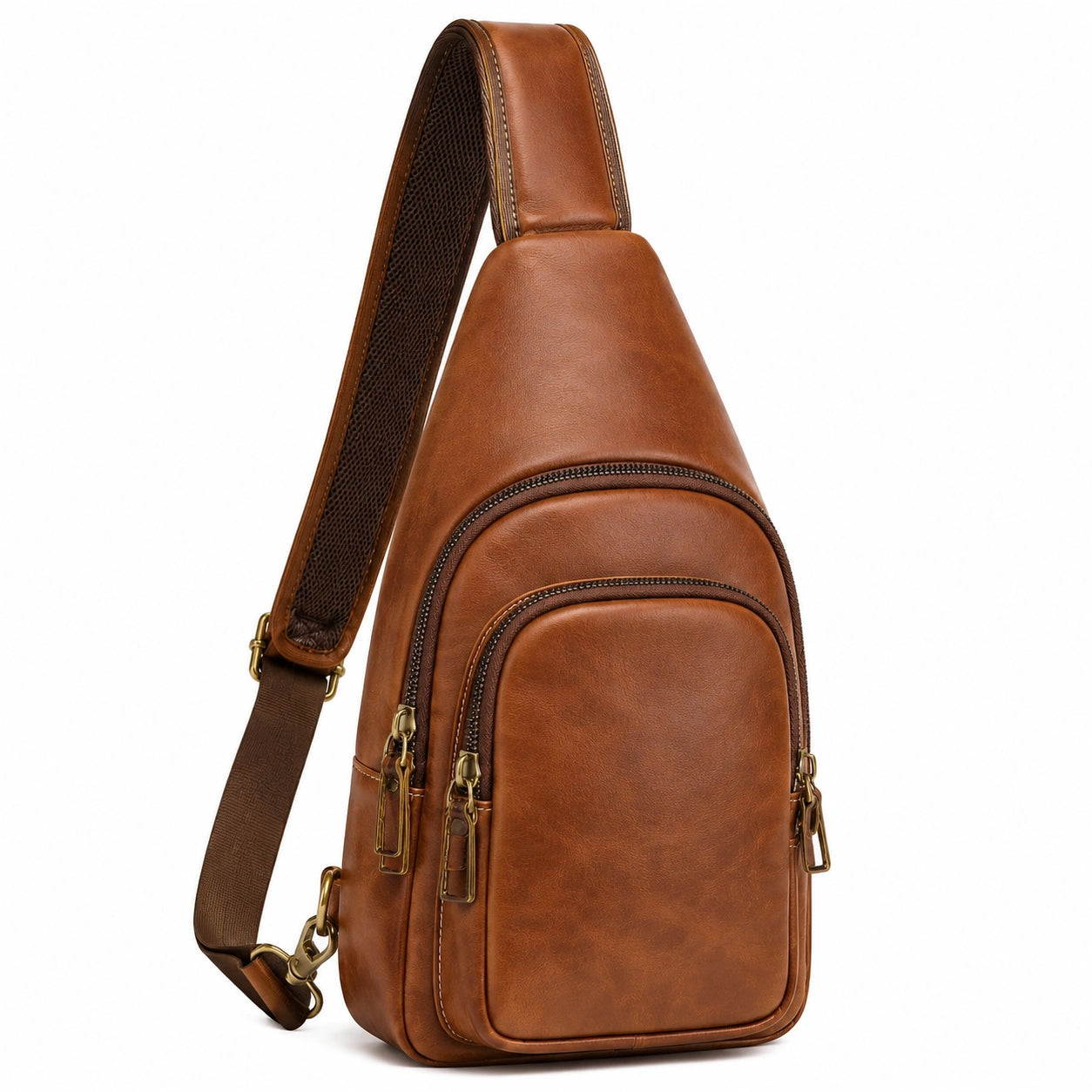 Sac bandoulière 18 x 8 x 35 cm en similicuir marron style urbain à poches zippées