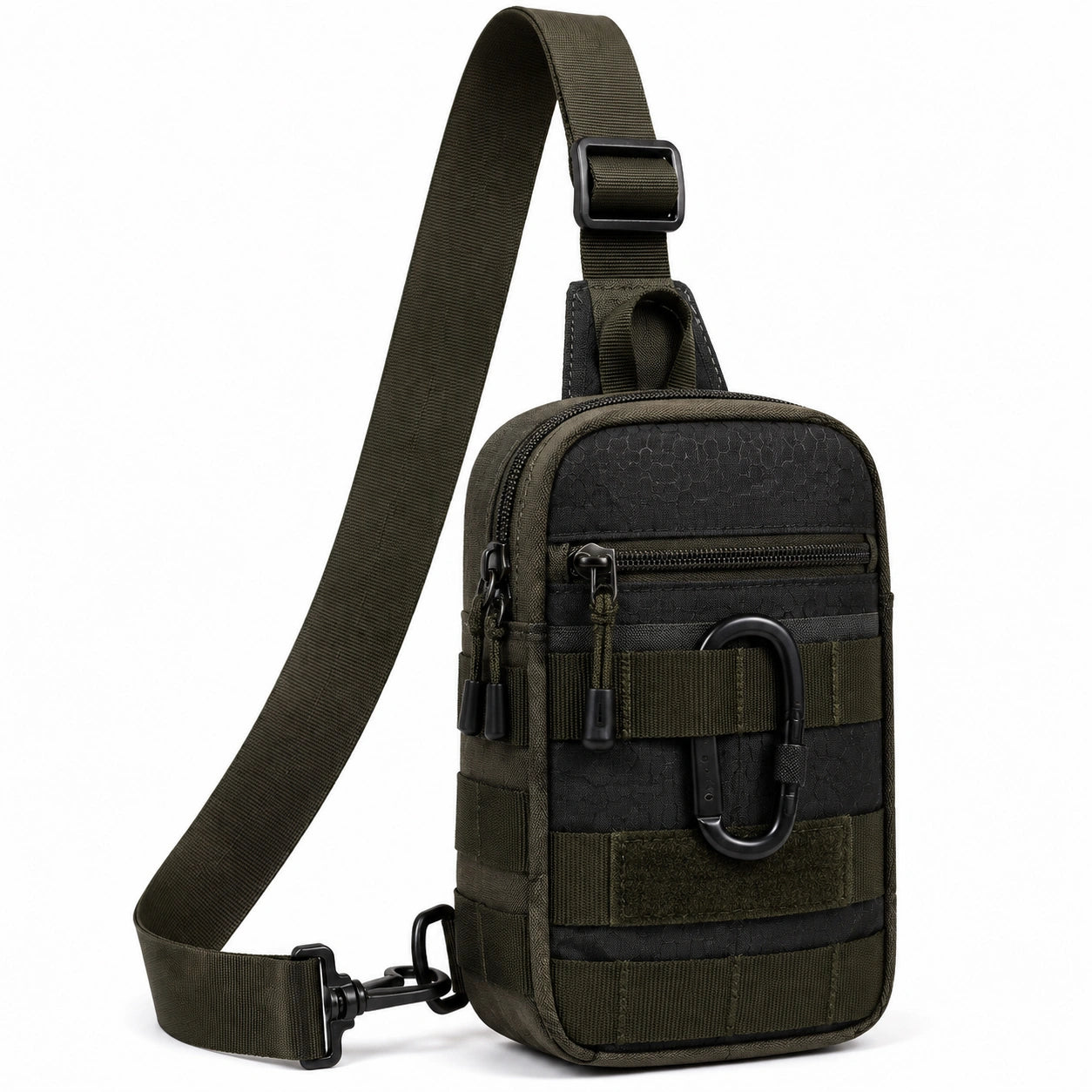 Sac bandoulière compact 17 x 7 x 28 cm en tissu synthétique vert kaki noir pour rangement quotidien style tactique