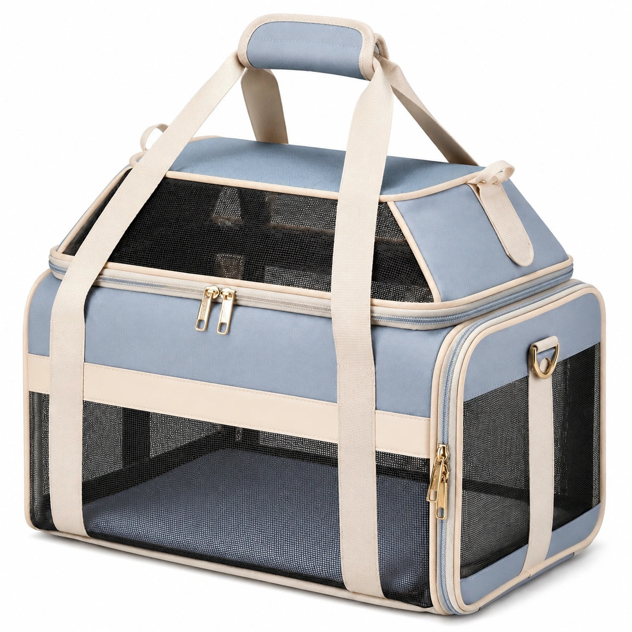 Sac de transport pour animal 45 x 28 x 28 cm en textile bleu et beige avec panneaux en maille respirante
