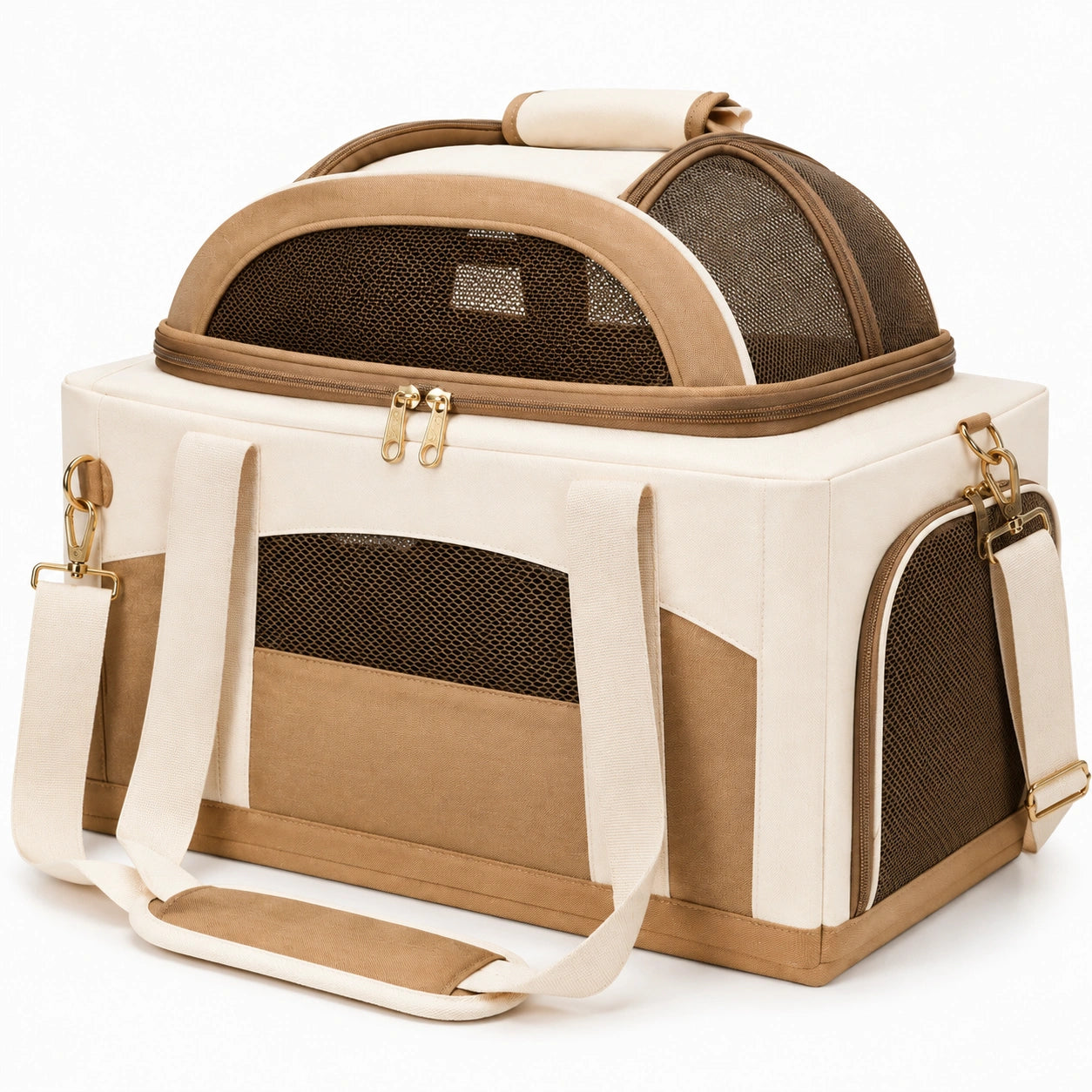 Sac de transport pour animaux 45 x 30 x 32 cm beige et marron en textile avec maille respirante pliable