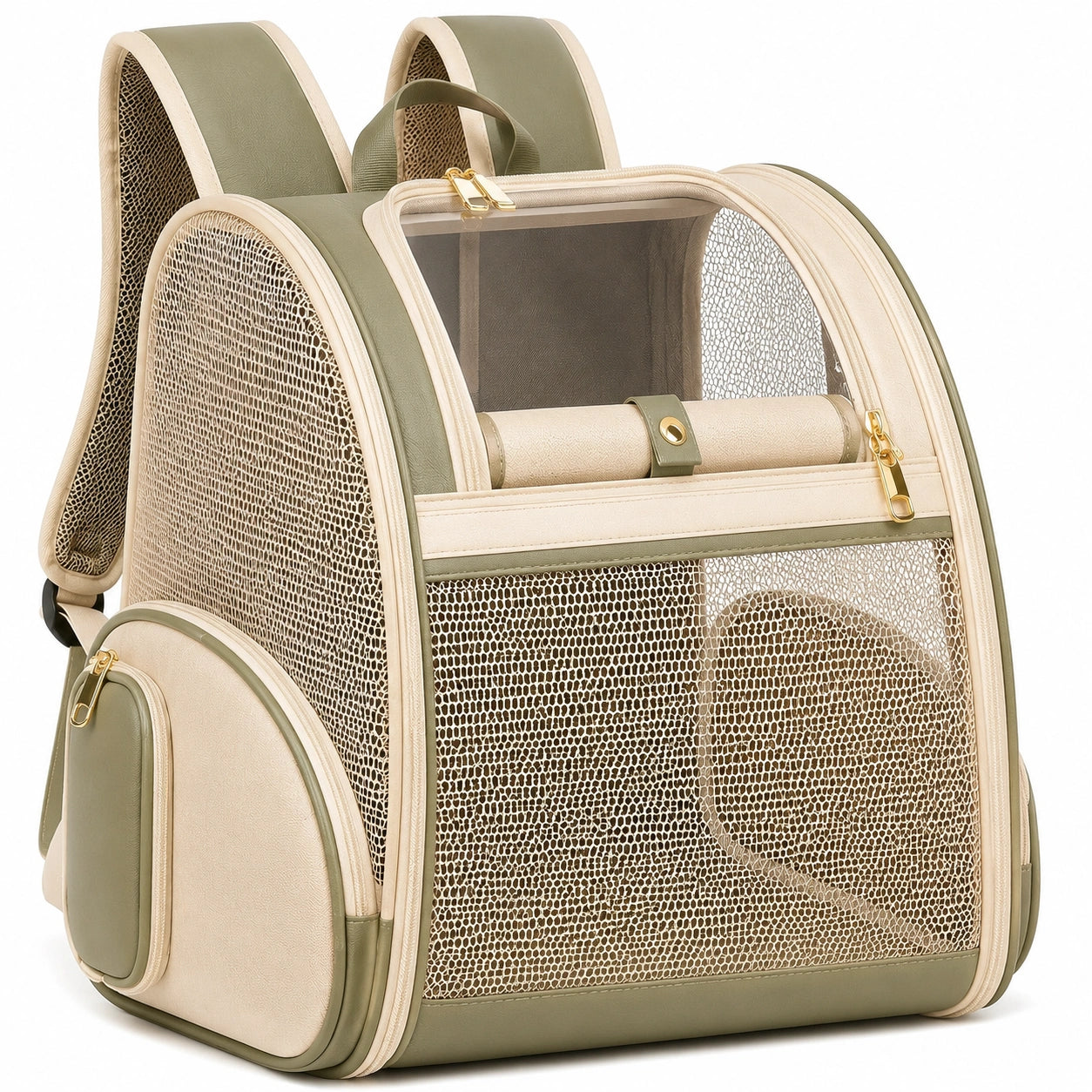 Sac à dos de transport pour chat 42 x 30 x 44 cm en maille vert kaki et beige avec fenêtre