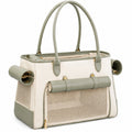 Sac de transport pour chat 45 cm x 25 cm x 30 cm en textile beige et similicuir vert sauge ventilé