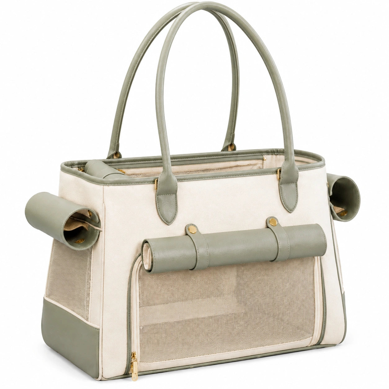 Sac de transport pour chat 45 cm x 25 cm x 30 cm en textile beige et similicuir vert sauge ventilé