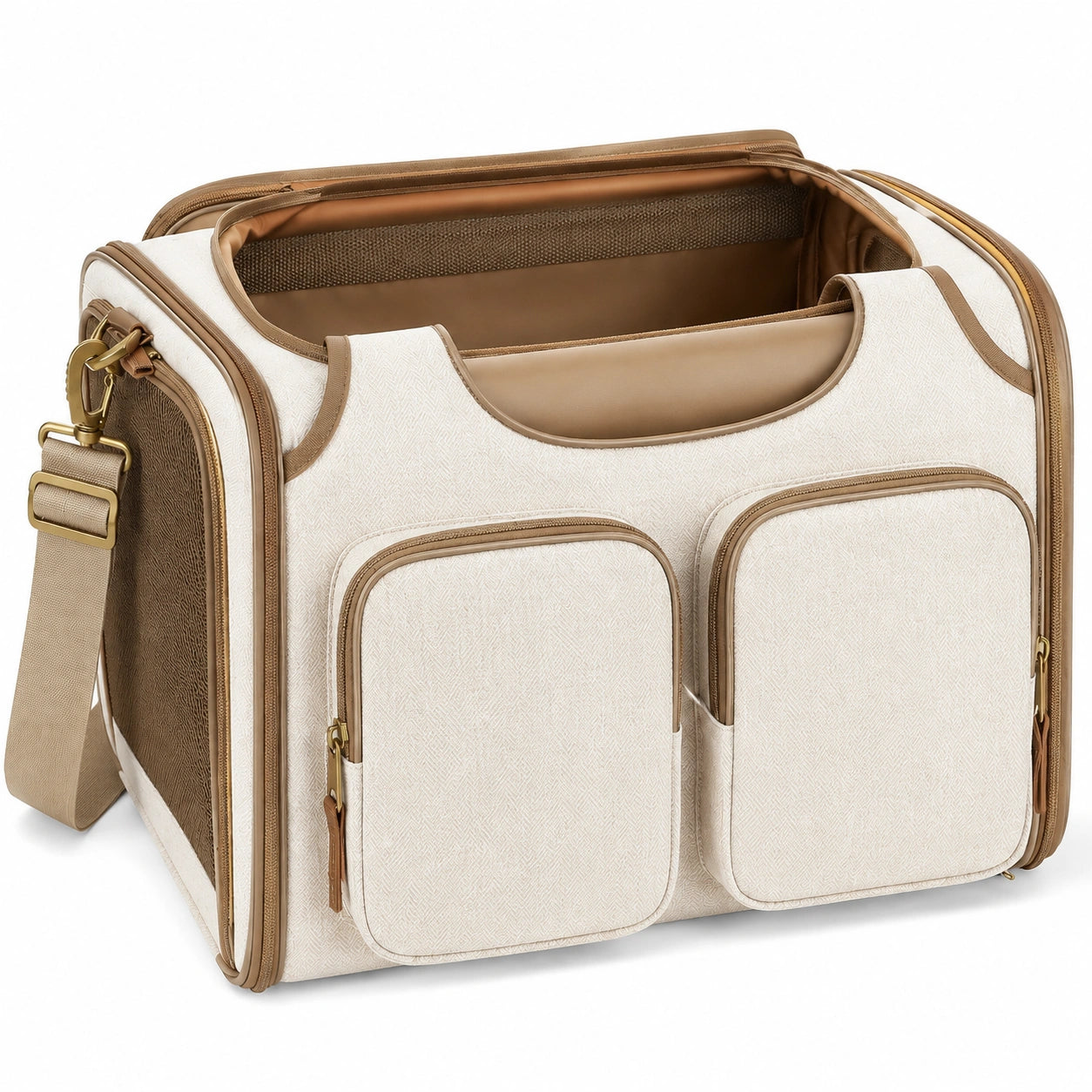 Sac de transport pour animal 45 x 30 x 30 cm en tissu synthétique beige et marron avec bandoulière