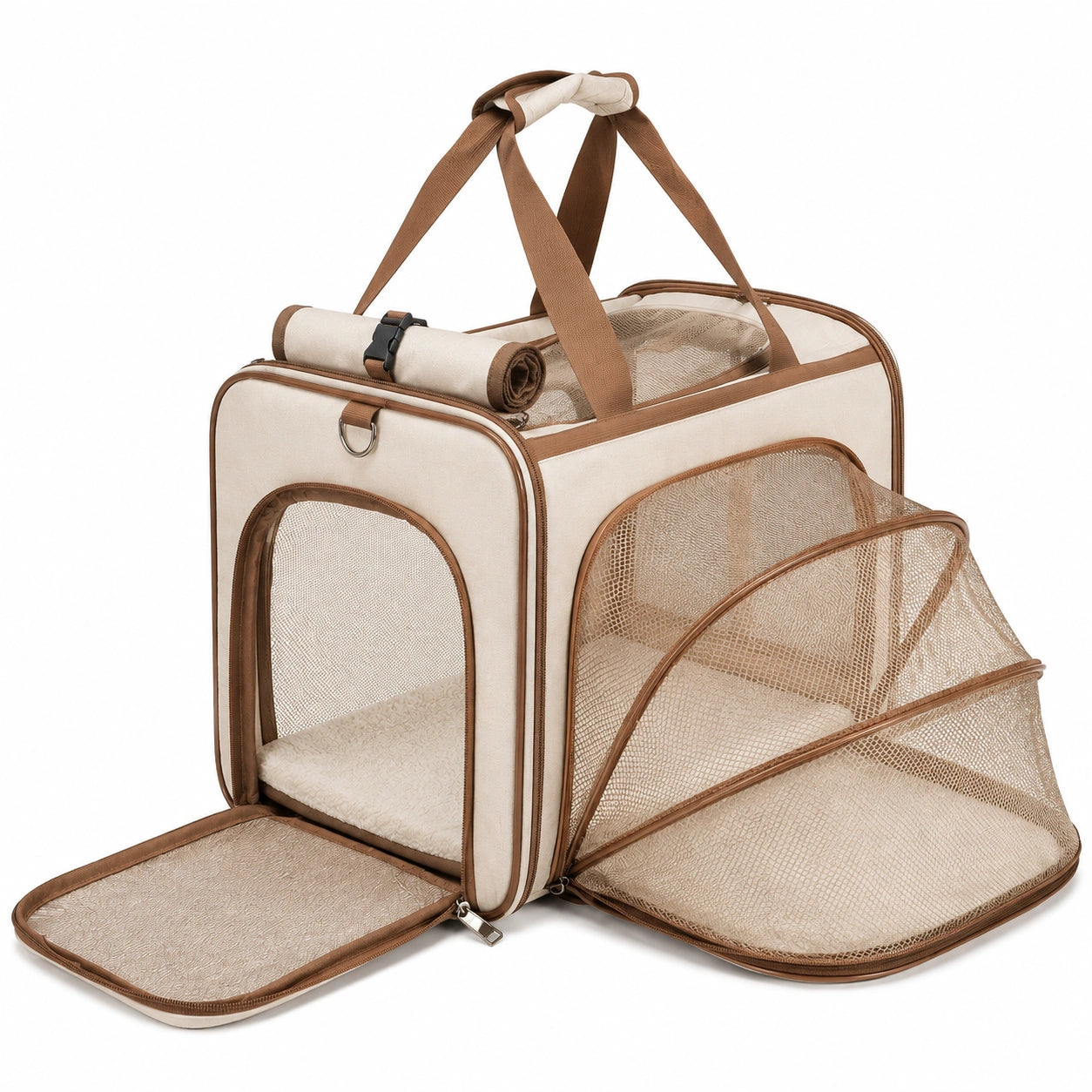 Sac de transport pour animaux 45 x 28 x 32 cm en tissu beige et marron avec maille respirante pliable