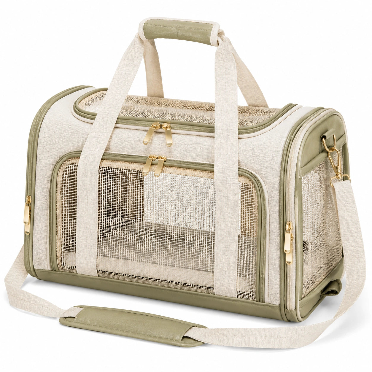 Sac de transport pour animaux 45 cm 28 cm 30 cm textile et maille beige vert sauge avec ventilation