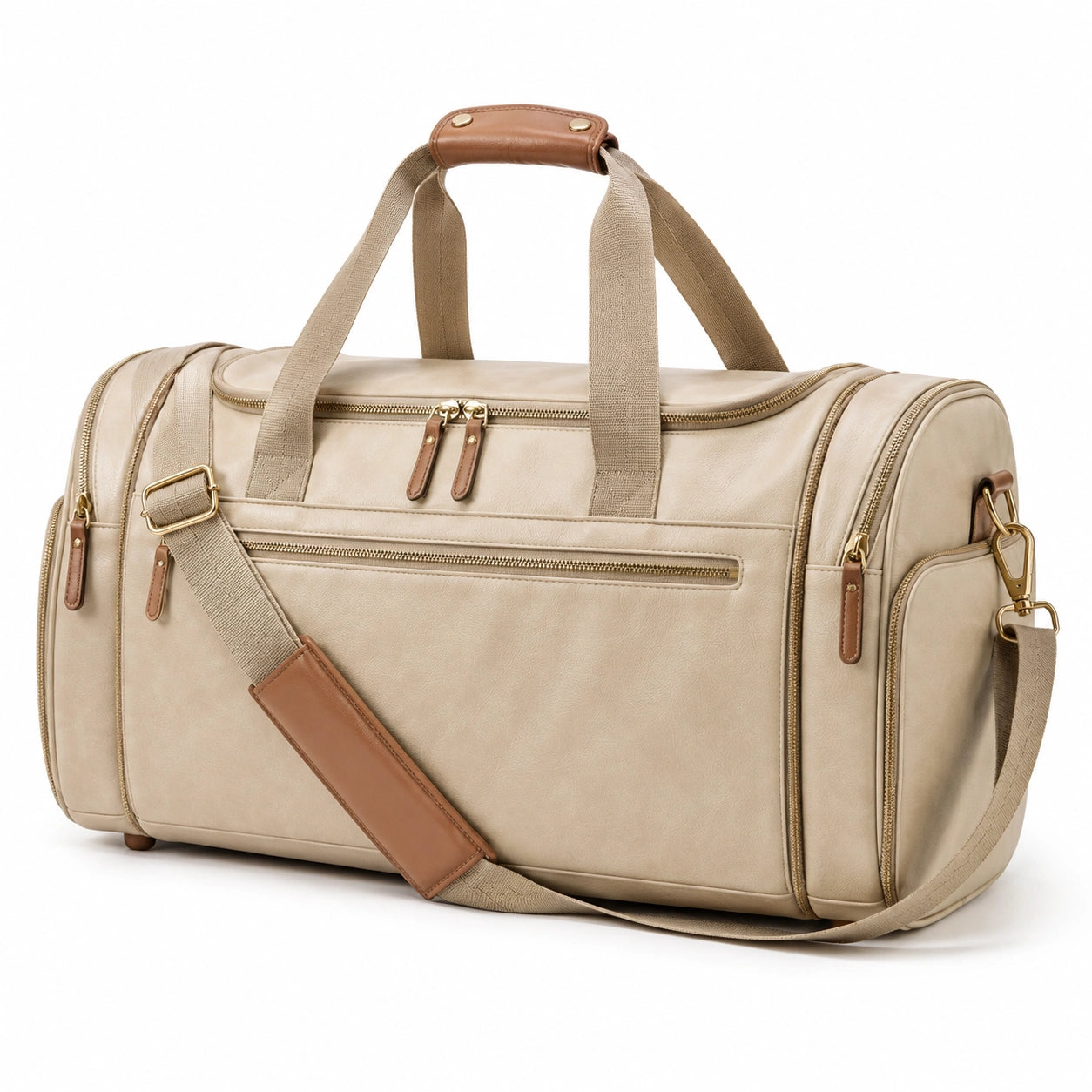 Sac de voyage 55 cm en similicuir beige marron avec bandoulière réglable