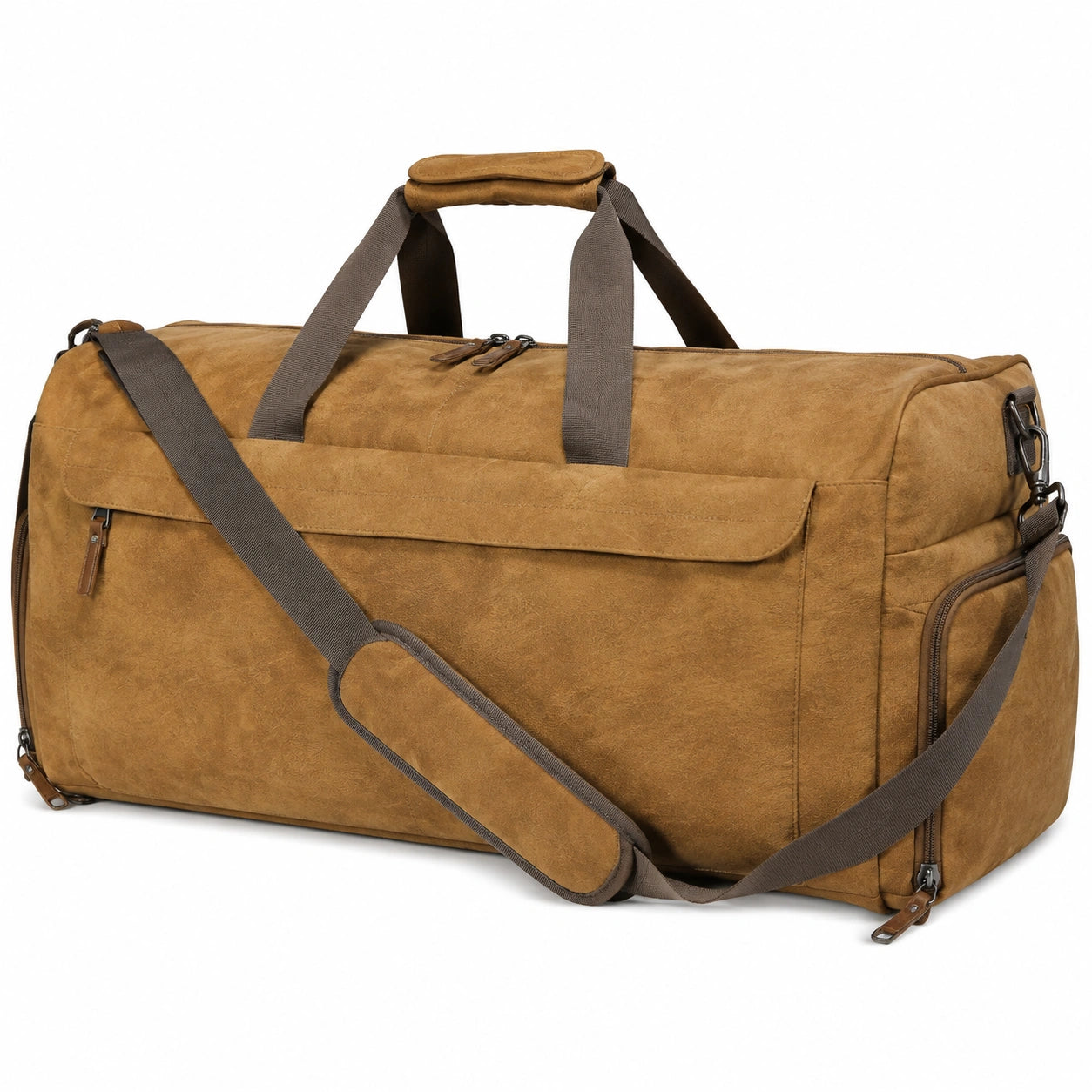 Sac de voyage 55 x 28 x 30 cm en matière synthétique aspect suédé marron - compartiments zippés et bandoulière réglable