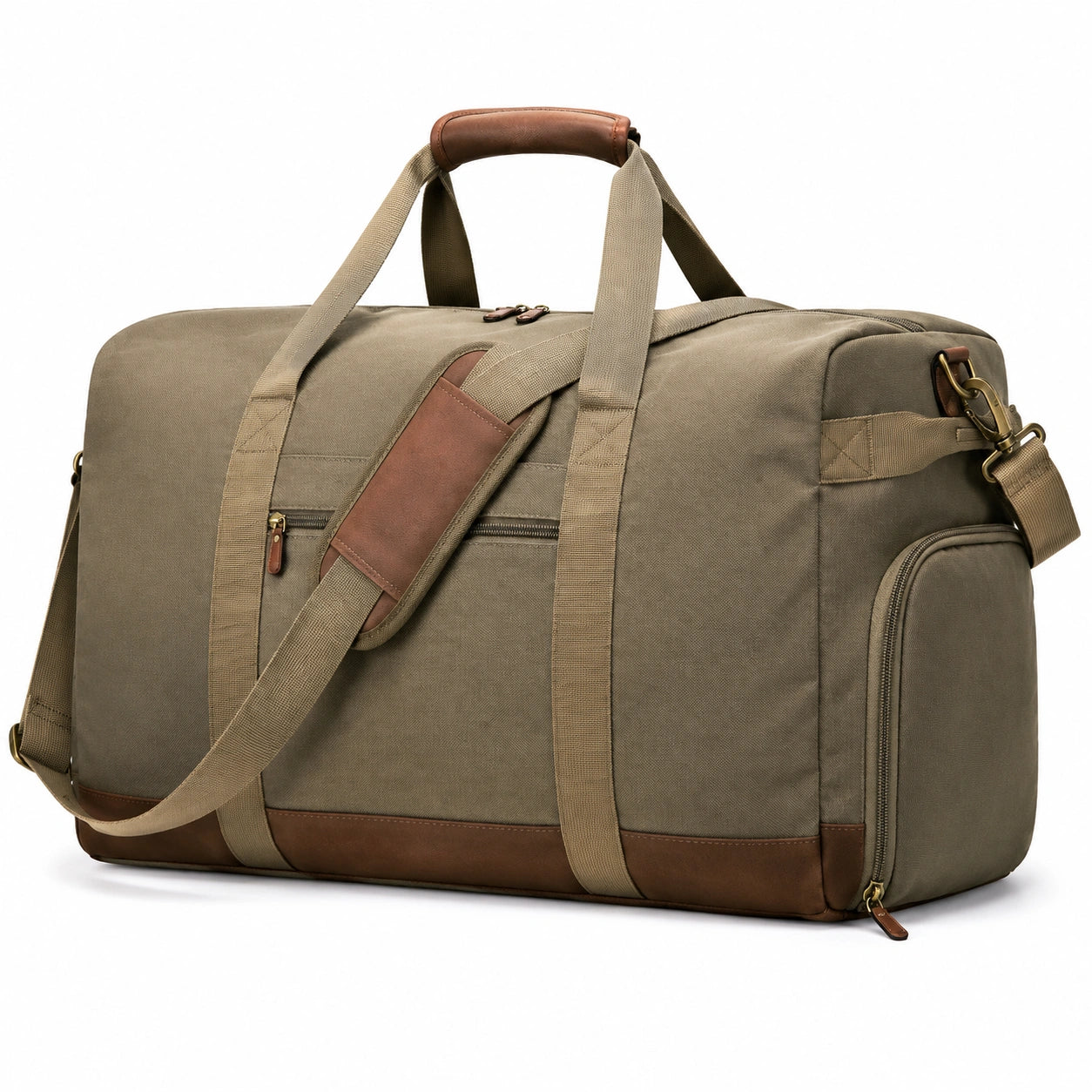 Sac de voyage 55 x 28 x 30 cm en toile kaki et similicuir marron avec bandoulière amovible
