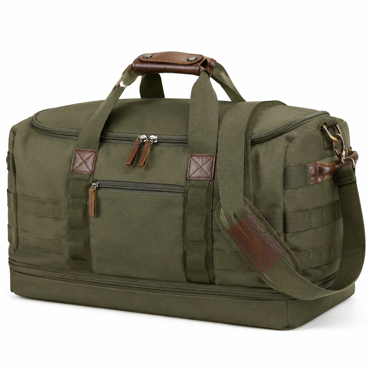 Sac de voyage 50 x 30 x 30 cm en tissu vert kaki avec bandoulière réglable style utilitaire