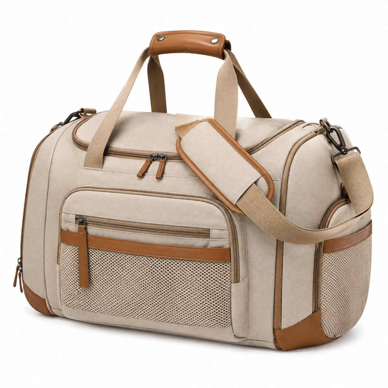 Sac de voyage 50 x 25 x 30 cm en toile beige et similicuir marron avec bandoulière amovible