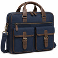 Sacoche ordinateur portable 42 cm en tissu bleu marine et similicuir marron avec bandoulière