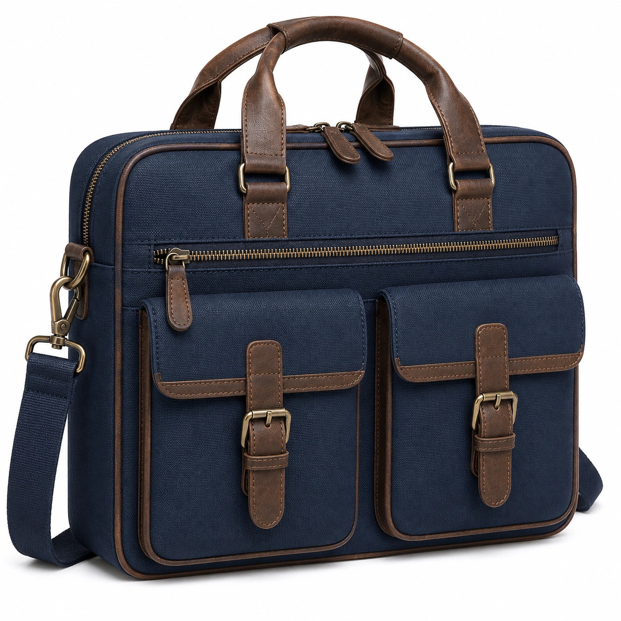 Sacoche ordinateur portable 42 cm en tissu bleu marine et similicuir marron avec bandoulière