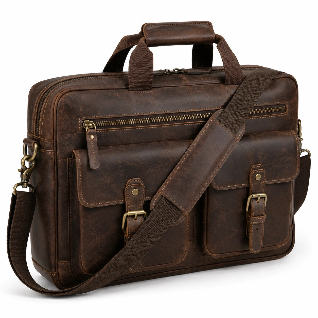 Sacoche ordinateur portable 40 cm en cuir marron style vintage avec bandoulière