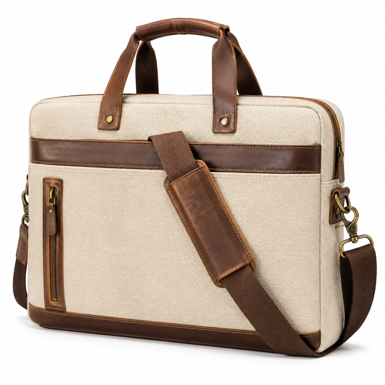 Sacoche ordinateur portable 40 cm en toile beige et similicuir marron style vintage avec bandoulière