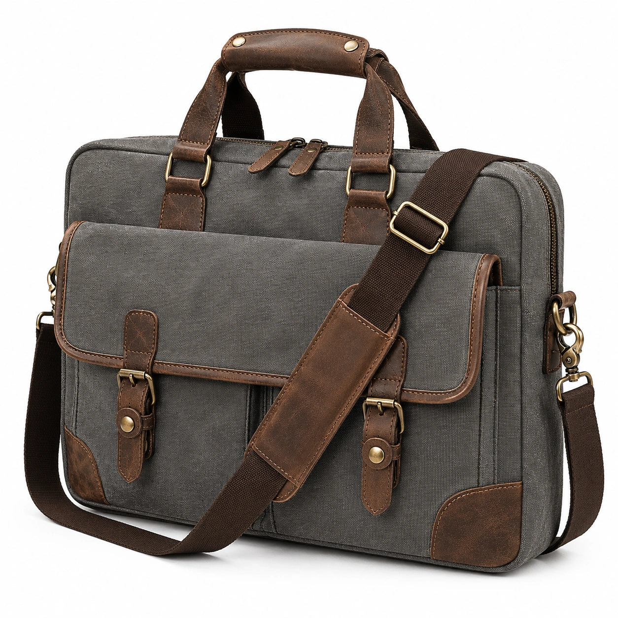 Sac porte-documents 40 cm gris brun en toile style vintage avec bandoulière réglable