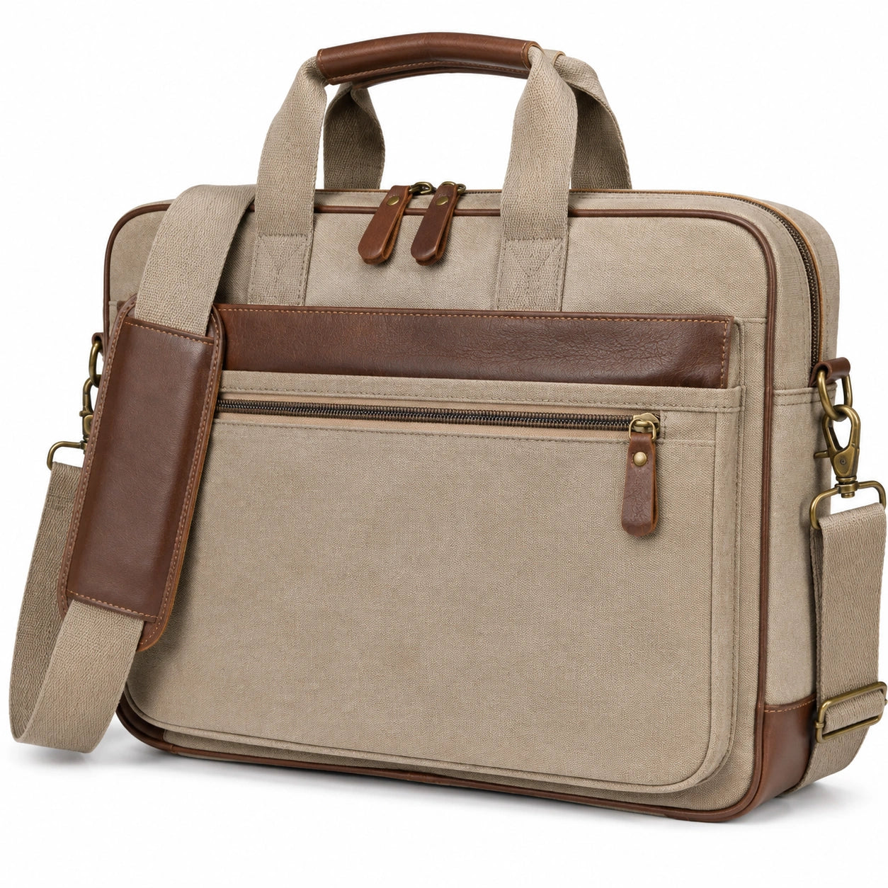 Sacoche ordinateur 40 x 30 x 10 cm en toile beige et marron avec bandoulière réglable